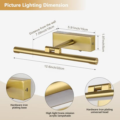 12.6 Inch Gold Picture Light Battery Operated with Remote and Timer - color: Gold, size: 12.6 In
