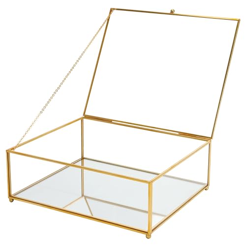 REDHUGO Large Glass Boxes for Display Handmade, Mirrored Bottom, Gold | Handmade Glass Display Box with Mirrored Bottom and Lid, Ideal for Jewelry, Trinkets, Photos, Keepsakes and Vanity Decor - color: Gold, size: High: 10.4"L × 8.5"W × 3.7"H