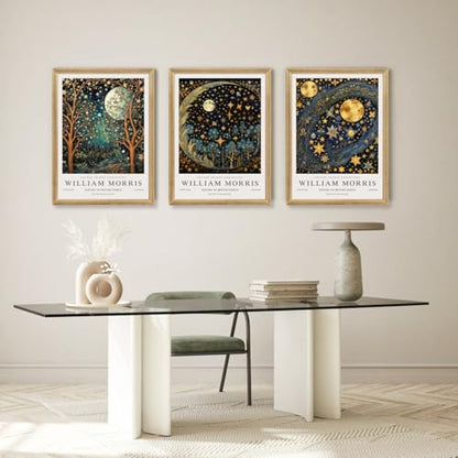 Hianan Wood Framed William Morris Moon Star Wall Art Set of 3, 12x16 in - color: Dark Blue,Gold(Wood), size: 16"L x 12"W
