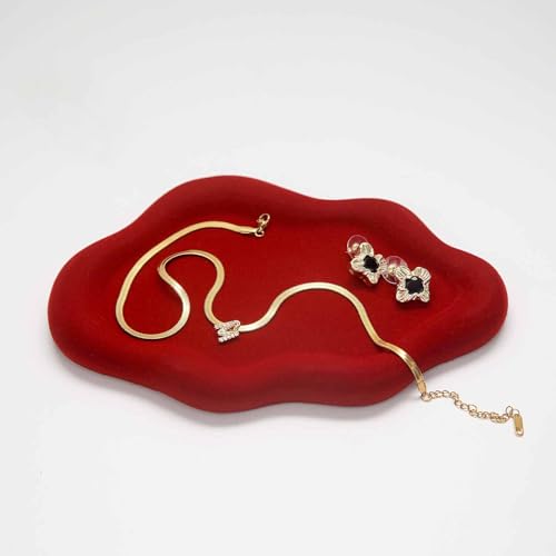 Jewelry Dish Trinket Tray for Women, Ring Dish Holder, Unique Cloud Shape Ceramic Plate Cute Things Vanity Aesthetic Room Decor Mother's Day Birthday (Flocked Scarlett) - color: Flocked Scarlett