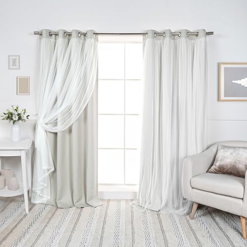 Best Home Fashion Set of 2 Lace Tulle Overlay Thermal Insulated Solid Blackout, Stainless Steel Nickel Grommet Window Panels for Bedroom, Living Room, Dining Room - 52" W x 84" L, Biscuit - color: Biscuit, size: 52"W x 84"L (Pack of 2)