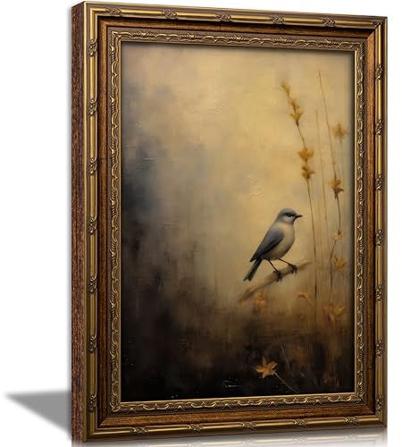 Vintage Gold Framed Bird Wall Art, Antique Autumn Bird Oil Canvas Print - color: Blue Bird, size: 16"L x 12"W