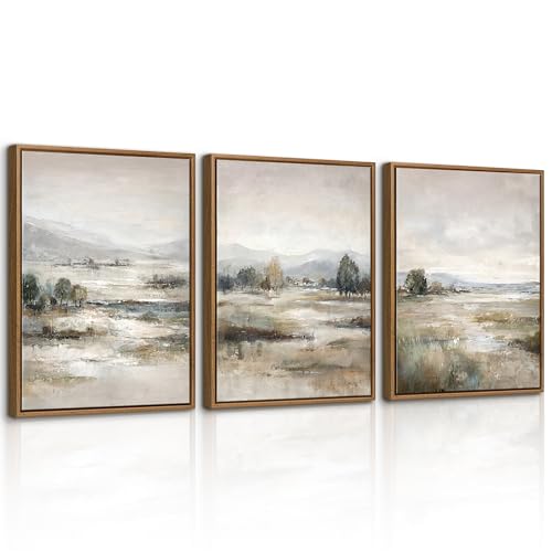 3Pcs Abstract Mist Countryside Blue Beige Mountains Canvas Wall Art 12"x16" | Landscape Framed Artwork for Walls Prints Painting Vintage Tranquillity Marsh Picture Home Decor for Bedroom Living Room - color: Abstract Mist Mountains Marsh, size: 12"x16"x3P