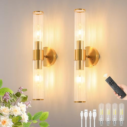 Gold Battery Operated Wall Sconces Set of Two, Dimmable Rechargeable Sconce - color: Gold
