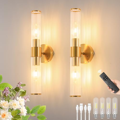 Gold Battery Operated Wall Sconces Set of Two, Dimmable Rechargeable Sconce - color: Gold