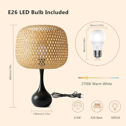 ONEWISH Touch Bedside Lamp for Bedroom, 3-Way Dimmable Table Lamps for Nightstand, Handwoven Bamboo Shade Desk Lamp for Living Room, Home Office - color: Natural Bamboo Shade & Black Base