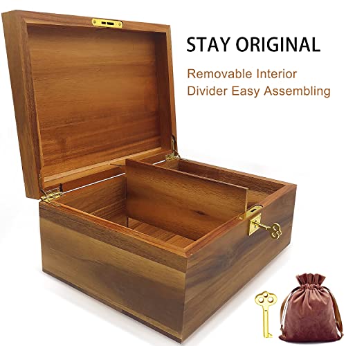 WELITTCON Wood Box Large Decorative Wooden Storage Box with Hinged Lid and Locking Key Premium Acacia Keepsake Chest Box Memory Gift Wooden Boxes 11 X 8.5 X 5 Inches - style: Key Lock with partition