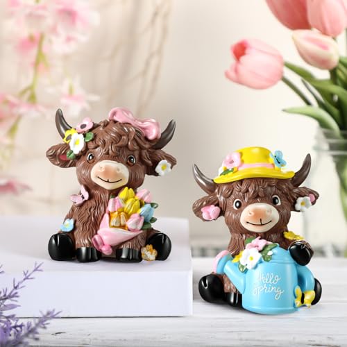 Karenhi 2 Pcs Highland Cow Figurines, Spring Floral Table Decor - style: Spring