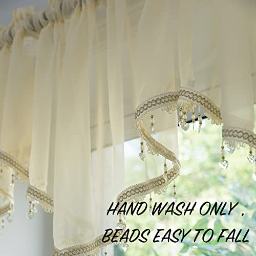 PearAge Beaded Sheer Valance Curtains for Living Room,Rod Pocket Farmhouse Window Valance, Bead Trim Tassel Voile Sheer Curtain Valance for Bedroom Bathroom Cafe 51x24 Inches (Beige) 1PC - color: Beige
