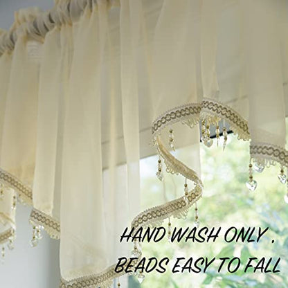 PearAge Beaded Sheer Valance Curtains for Living Room,Rod Pocket Farmhouse Window Valance, Bead Trim Tassel Voile Sheer Curtain Valance for Bedroom Bathroom Cafe 51x24 Inches (Beige) 1PC - color: Beige