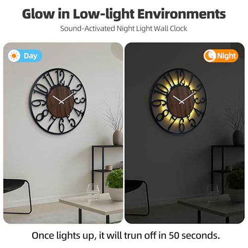 30" Silent Large Wall Clock – Glow Night Light, Battery Operated - color: Black Walnut - Arabic Numerals, size: 30 inch