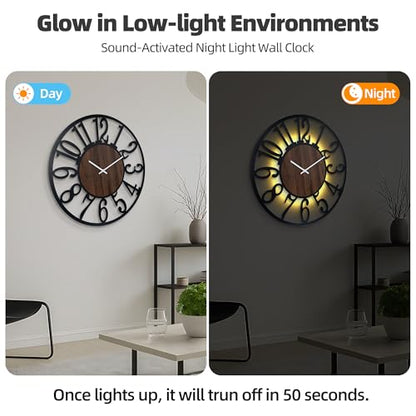 30" Silent Large Wall Clock – Glow Night Light, Battery Operated - color: Black Walnut - Arabic Numerals, size: 30 inch