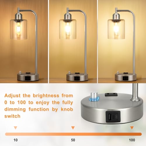 Industrial Table Lamps for Bedrooms Set of 2 - Fully Dimmable Bedside Lamps with USB A and C Ports and Outlet, Nickel Nightstand Lamps with Glass Shade for Living Room, Desk Lamps for Office Reading - color: Brushed Nickel