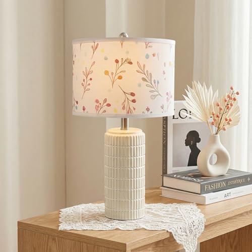PoKat 23'' Table Lamp with Flower Lampshade for Night Stands, Birthday Gifts for Women Mom, House Warming Gifts New Home Decor, Ceramic Lamp for Living Room, Modern Bedroom Lamp for Nursery - color: Floral Pink