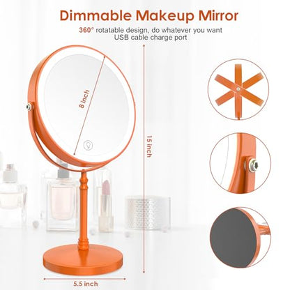 DEIOVWXS Makeup Mirror, Rechargeable Vanity Mirror with 3 Lights, 1X/10X - color: Orange