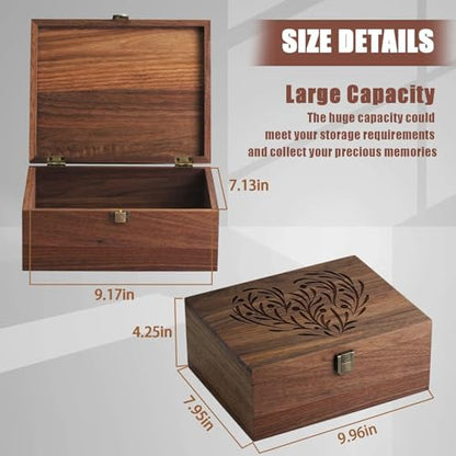 Walnut Wooden Memory Keepsake Box with Hinged Lid - color: Walnut Wood--Leaf & Love