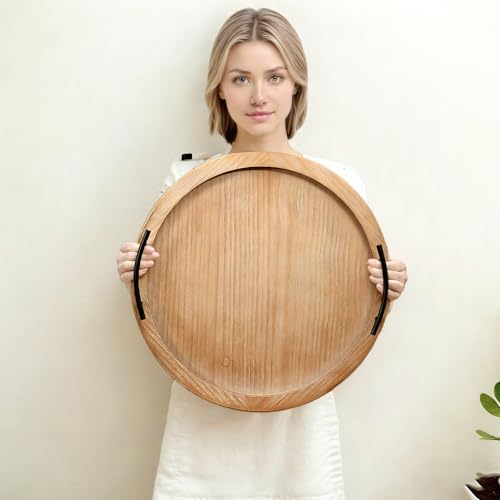 SwallowLiving 18Inch Brown Wooden Beaded Serving Tray with Handle Decorative Rustic Tray for Coffee Table Farmhouse Round Trays for Kitchen, Living Room and Bedroom - color: Brown, size: 18"