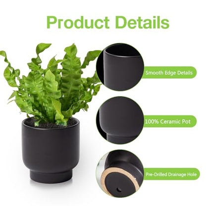 Black Ceramic Planter - Succulent Flower Small Plant Pots, Pot for Indoor Outdoor Garden Plants with Drainage Holes - Plants Not Included 4.33 X4.33 Inch - color: Black
