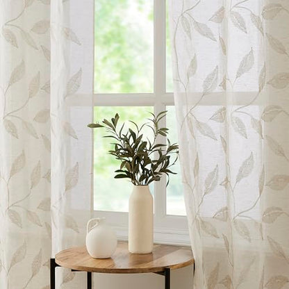 Bujasso Embroidered Leaf Sheer Curtains, Natural 38" Wx84 Lx2 - color: Natural, size: 38"W x 84"L (Pack of 2)