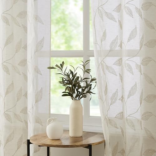 Bujasso Embroidered Leaf Sheer Curtains, Natural 38" Wx90 Lx2 - color: Natural, size: 38"W x 90"L (Pack of 2)
