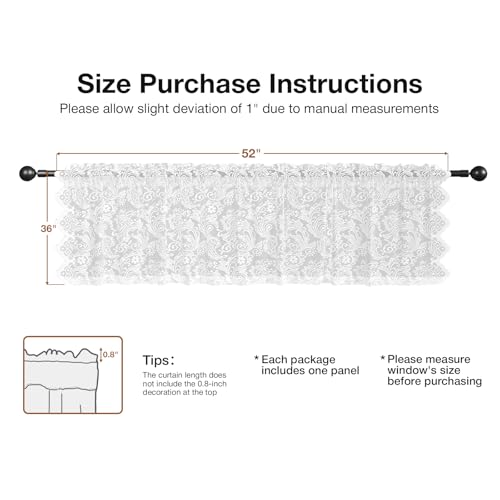 Rinwoc White Lace Semi-Sheer Kitchen Valance Curtains – Vintage Floral Lace Valance for Bedroom, Light Filtering Rod Pocket Window Treatment, Elegant Scalloped Valances, 1 Panel, 52W x 36L Inch - color: White Plume, size: 52"W x 36"L (Pack of 1)