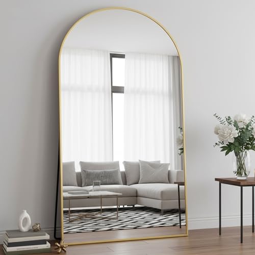Full Length Mirror, 86"x46" Arched Floor Mirror Freestanding, Floor Standing Full Body Mirror with Stand for Bedroom, Hanging Mounted for Living Room Cloakroom, Gold - color: Gold, size: 86"L x 46"W
