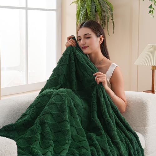 Green Fleece Throw Blanket for Couch Sofa 60”x80” with Diamond Checkered - color: Green, size: Twin(60"x80")