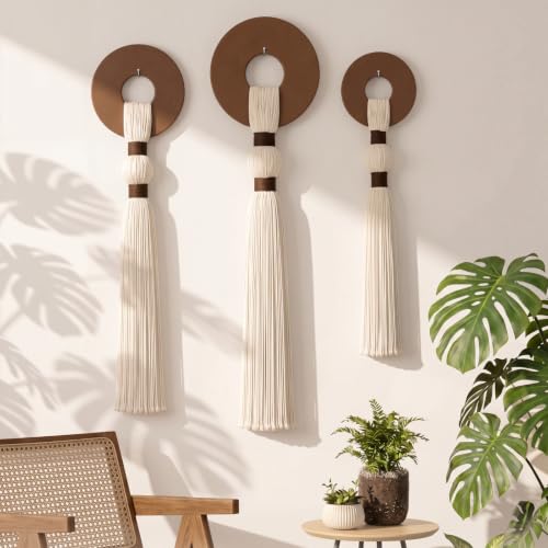 Tegeme 3 pcs Macrame Wall Hanging decor, Disc Tassel, Beige, Wood - size: Wood, style: Disc Tassel