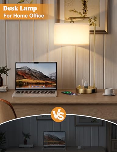 20.7" Gold Table Lamp with USB & Outlet, Fully Dimmable Nightstand Lamp - color: D-White Shade& Gold Base