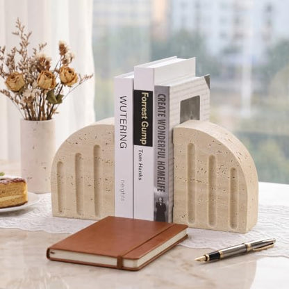 Travertine Book Ends, Decorative Stone Bookends for Shelves, Heavy Bookends - size: Vertical stripes