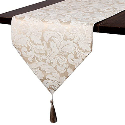 EHouseHome Jacquard Damask Reversible Beige Table Runners with Tassels 13 x 72 inch Wrinkle and Water Resistant Spill-Proof Decorative Dining and Wedding Runners - color: Beige With Tassels