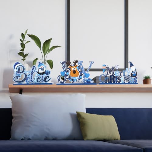 Blulu 3 Pcs Blue Christmas Wooden Signs Tabletop Farmhouse Centerpieces - color: Blue