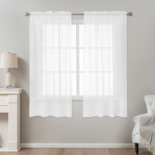 White Sheer Curtains 63 Inch Length Rod Pocket - color: White, size: 42"W x 63"L (Pack of 2)
