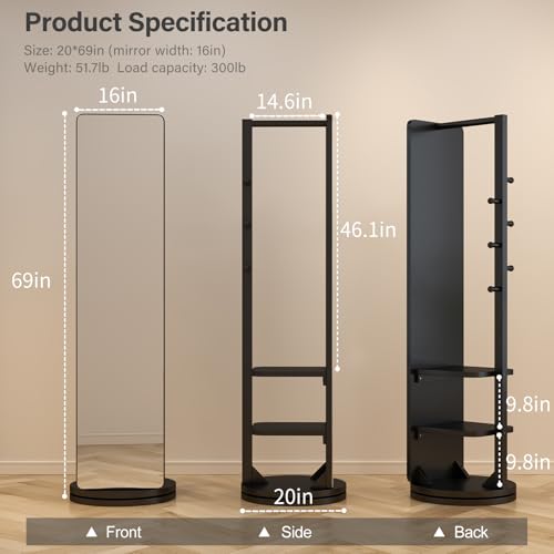 WoodsWhisper Full Length Mirror Coat Rack Solid Wood Floor Mirror 70"x16" Full Length Mirror with Stand Long Mirrors for Bedroom,Living Room (Black, 70" L x 16" W) - color: Black, size: 70"L x 16"W