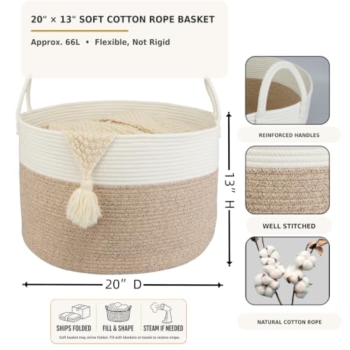 XUANGUO 66L Large Blanket Basket, Round Cotton Rope Basket, White & Brown - color: white and brown
