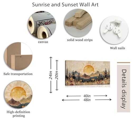 ZAWUDVC Large Boho Mountain Sun Wall Art, Vintage Nature Landscape Canvas Print Poster, Wildflower Forest Sunrise and Sunset Wall Decor for Living Room Bedroom, Rustic Home Decoration, - color: sun, size: 40"L x 20"W