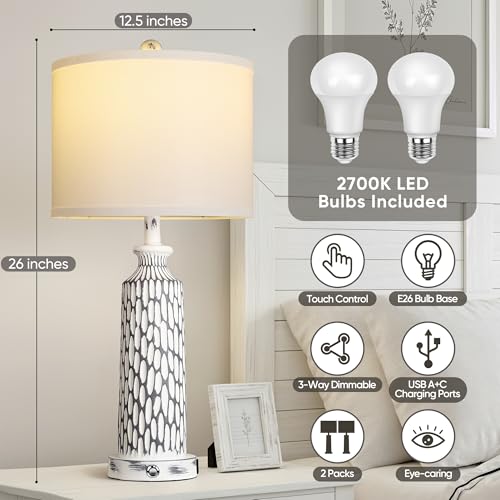 QiMH 26" Table Lamps Set of 2, Modern Bedside Lamps with USB A+C Ports, 3-Way Dimmable Touch Control & White Shade, Coastal White Gray Nightstand Lamp for Living Room Bedroom, Included 2700K LED Bulbs - color: Gray white