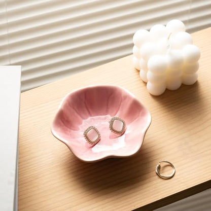 Ceramic Ring Dish, Jewelry Trinket Tray for Rings and Earrings - color: Pink Surface