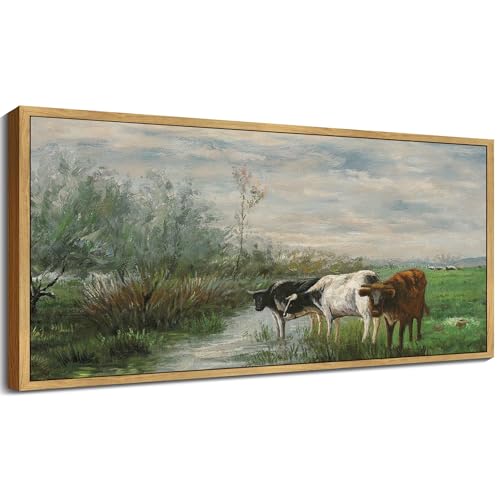 SHENIFY Vintage Framed Wall Art Cow Farm Landscape Painting Retro Meadow Scenery Farmhouse Kitchen Living Room Decor - 8x16in Natural Framed - color: Cow Farm, size: 16"L x 8"W