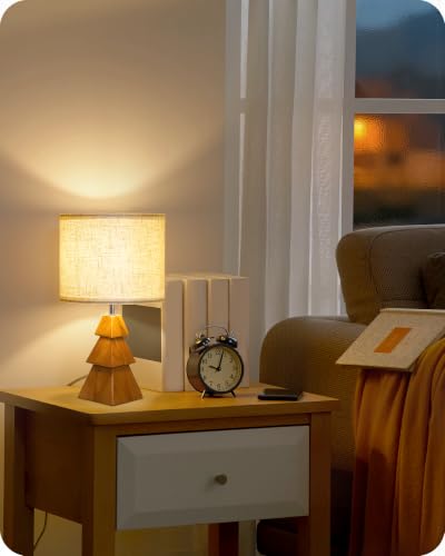 Wood Table Lamp, Wood Bedside Lamp with Tree-Shaped Base & Linen Lampshade, Modern Cute Desk Lamp for Living Room, Bedroom, E26 Base, Bulb Not Included, Beige and Dark Natural LE08TL05 - color: Beige+Pearwood Tree Shaped
