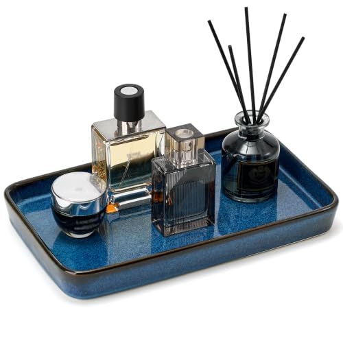10"×6"×1" Bathroom Vanity Tray for Countertop- Ceramic Decorative Organizer Tray for Dresser Tops, Toilet, Perfume, Sponge Holder Soap Dish Dispenser for Kitchen Counter- Kiln-Transformed Blue - color: Kiln-transformed Blue-1 Pc