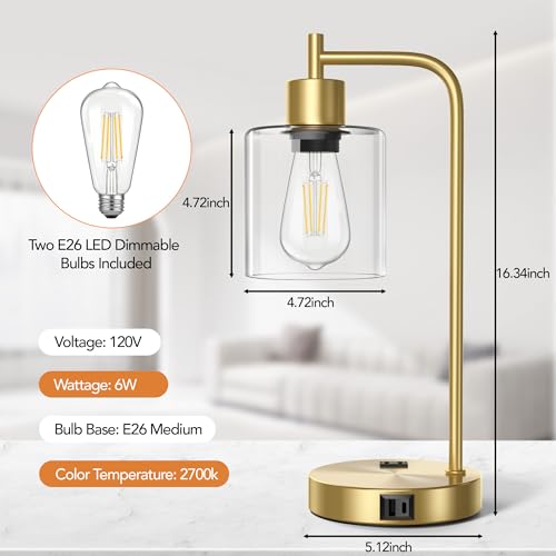 QiMH Set of 2 Industrial Table Lamps, Glass Desk Lamp for Living Room - color: gold-2