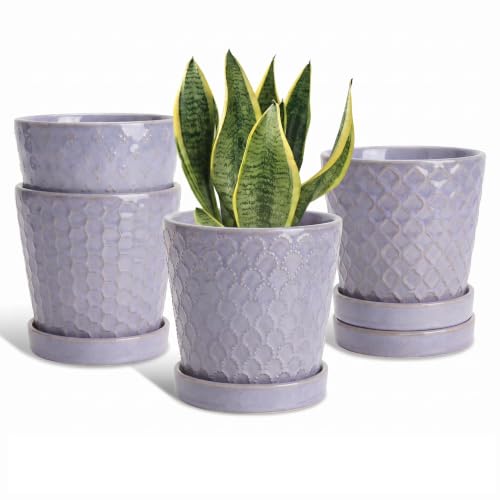 EFISPSS Ceramic Plant Pots, 5 Inch Planters with Drainage Holes and Ceramic Tray, Relief Design Flower Planter, Desktop Office Windowsill Decoration Gift Set of 4 - Lavender - color: Lavender