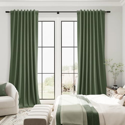 Guken Olive Green 100% Blackout Linen Curtains 94 Inches Long 2 Panels Back Tab Hook Belt Country Farmhouse Black Out Room Darkening Thermal Insulated Noise Reducing Curtain Living Room Bedroom 52x94 - color: Olive Green, size: 52"W x 94"L (Pack of 2)