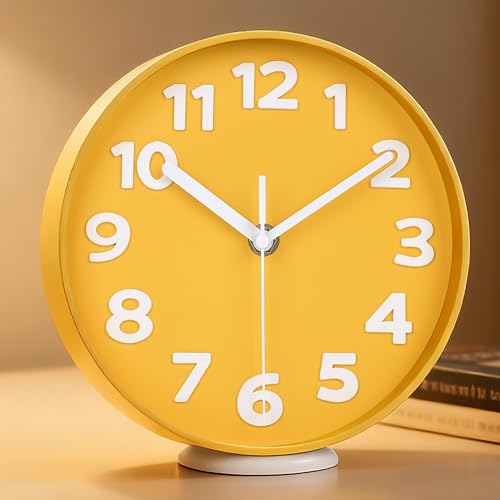 45MinST 8-Inch Yellow Modern Wall Clock – Silent Non-Ticking, 3D Large Numbers, Accurate Timekeeping | Decorative Wall & Desk Clock with Stand for Living Room, Bedroom, Kitchen, or Office - color: 7''yellow