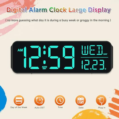 Peakeep Large Display Digital Alarm Clock for Bedroom with Date Day of Week - color: Black and Multicolor