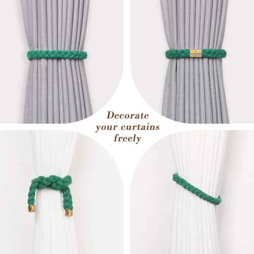 NICEEC 4 Pack Natural Cotton Rope Magnetic Curtain Tiebacks Elegant Twisted Braid Style Drape Tie Backs Soft Hand-Woven Rope Curtain Holdbacks for Home & Office Window Draperies (Green-02) - color: Green-02, size: 4 Pack