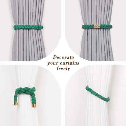 NICEEC 4 Pack Natural Cotton Rope Magnetic Curtain Tiebacks Elegant Twisted Braid Style Drape Tie Backs Soft Hand-Woven Rope Curtain Holdbacks for Home & Office Window Draperies (Green-02) - color: Green-02, size: 4 Pack