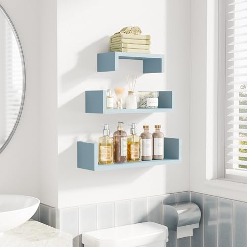 SRIWATANA Blue Floating Shelves, Set of 3 Wood Wall Mounted Display Shelf - color: Blue