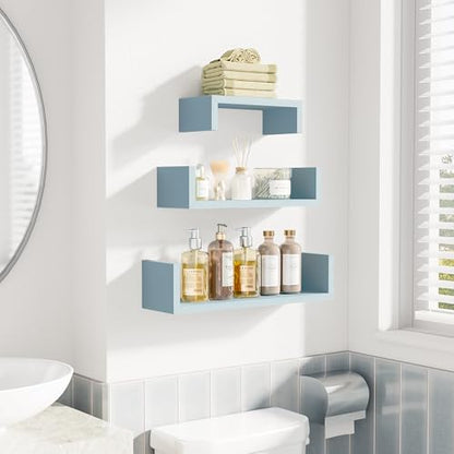 SRIWATANA Blue Floating Shelves, Set of 3 Wood Wall Mounted Display Shelf - color: Blue
